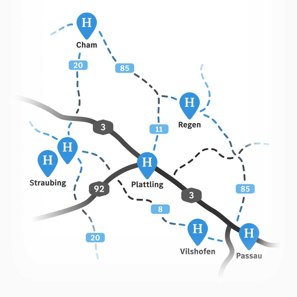 Karte mit azul und schwarzen Bereichen. Strasbourg, Vilshofen, Passau, 20, 85, 3, 11, 92, 8